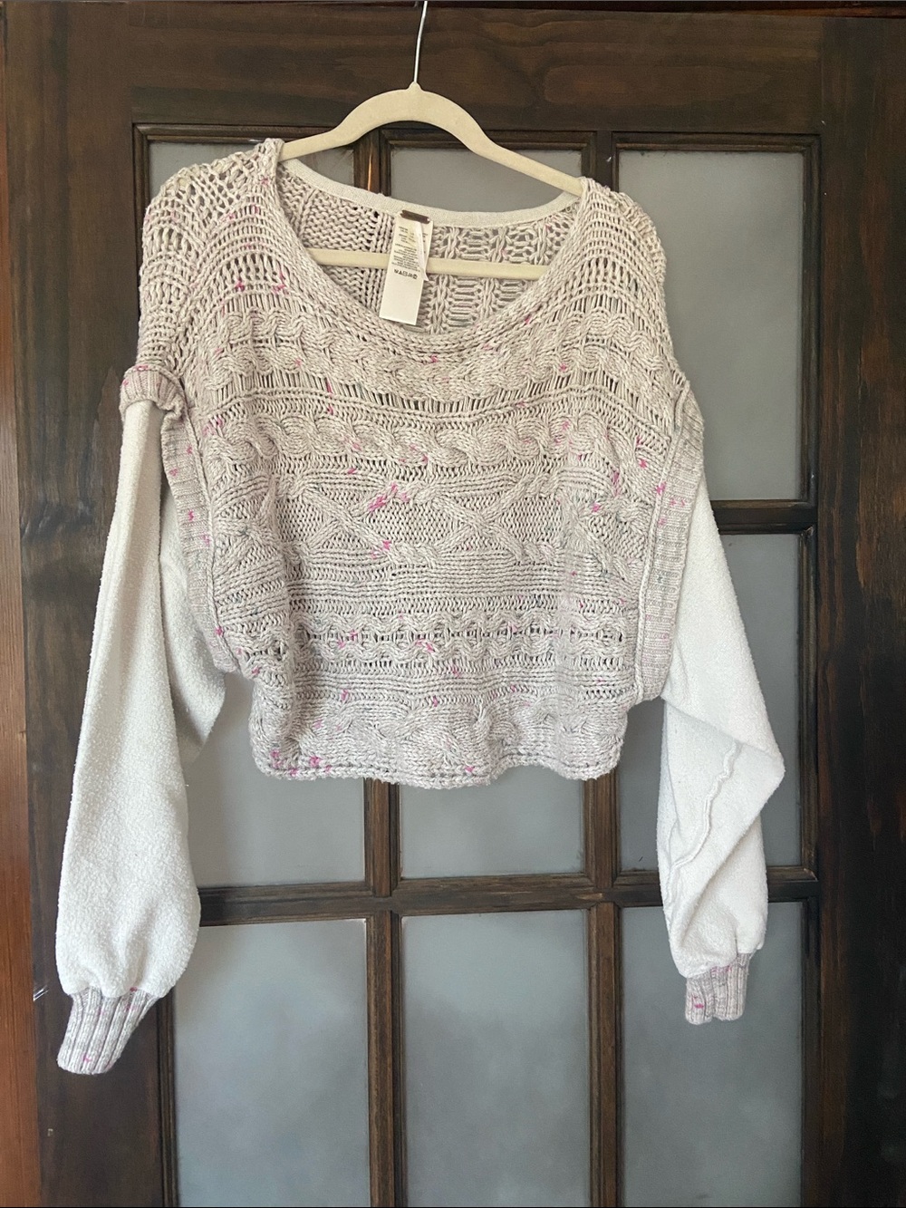 Free People Cream Open-Weave Cropped Oversized Sweater with Pink Fleck